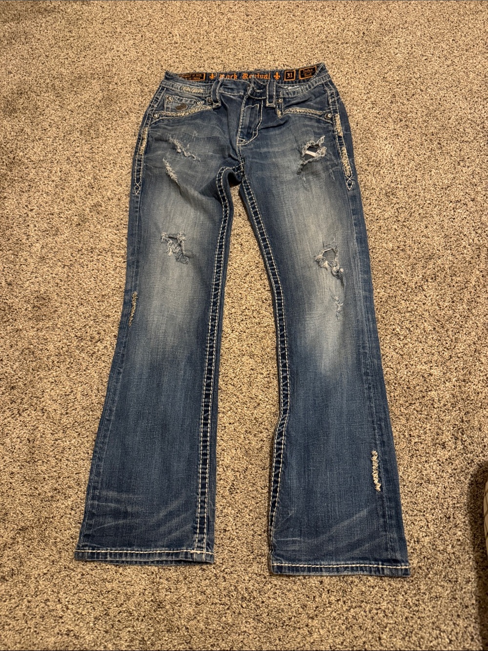 Rock Revival Men’s Light Blue Distressed Indus Boot Jeans size 31x31